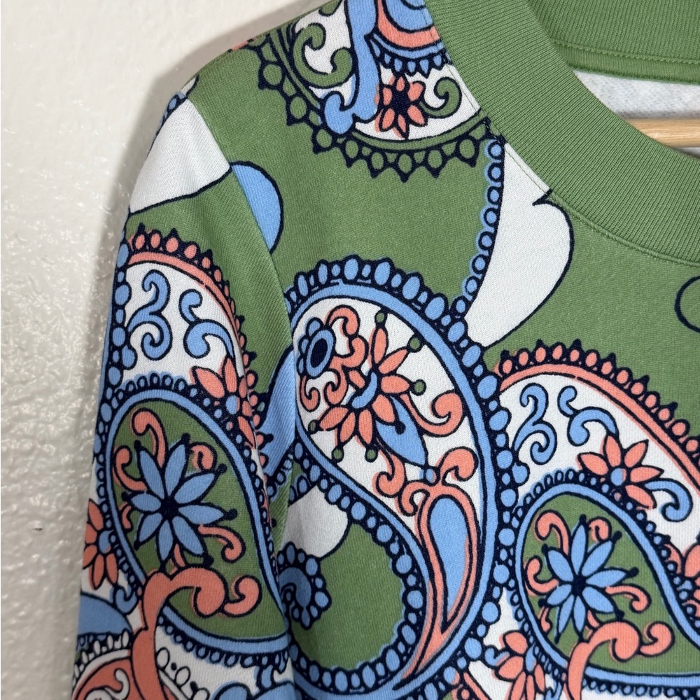 Talbots Paisley Crewneck Cotton Blend Sweatshirt Green Vibrant Sweater Medium - Picture 4 of 7